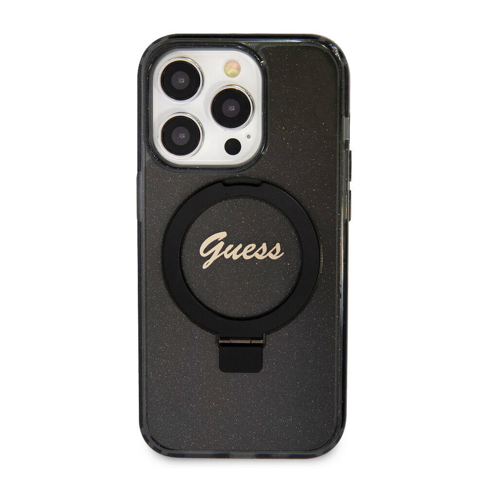Guess Orjinal Lisanslı Magsafe Şarj Özellikli Simli Arka Yüzey Ring Standlı Siyah Kapak - enzaksesuar
