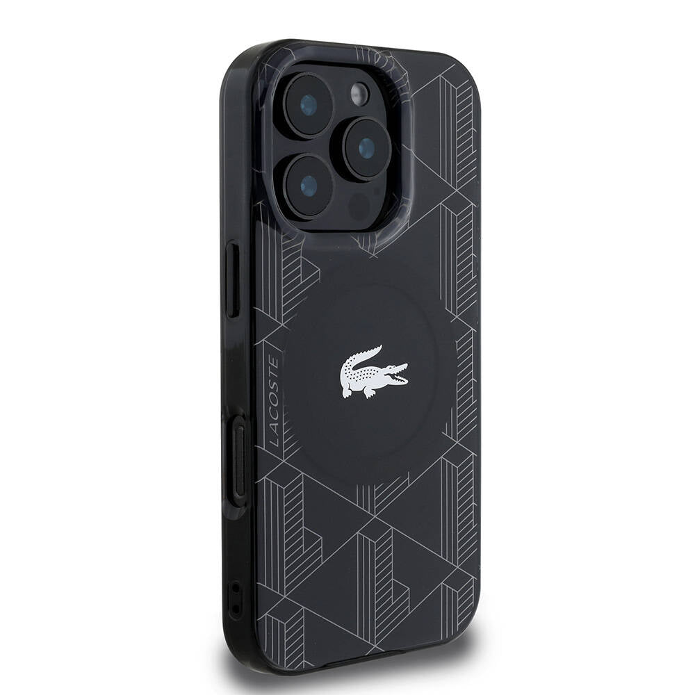 LACOSTE iPhone 16 Pro Orjinal Lisanslı Magsafe Şarj Özellikli IML Baskılı Gümüş Timsah Logolu Monogram Siyah Kılıf