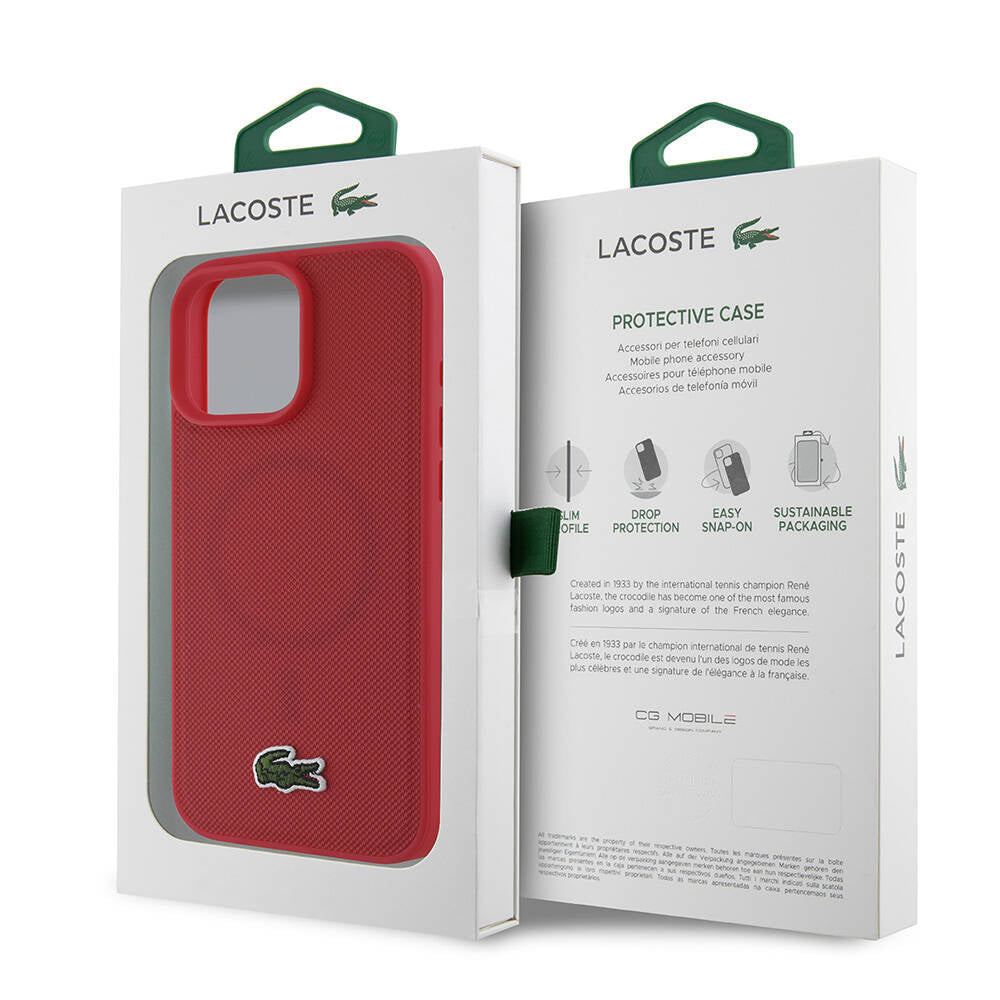 LACOSTE iPhone 16 Pro Orjinal Lisanslı PU Pike Desenli Arka Yüzey İkonik Timsah Dokuma Logolu Kırmızı Kılıf