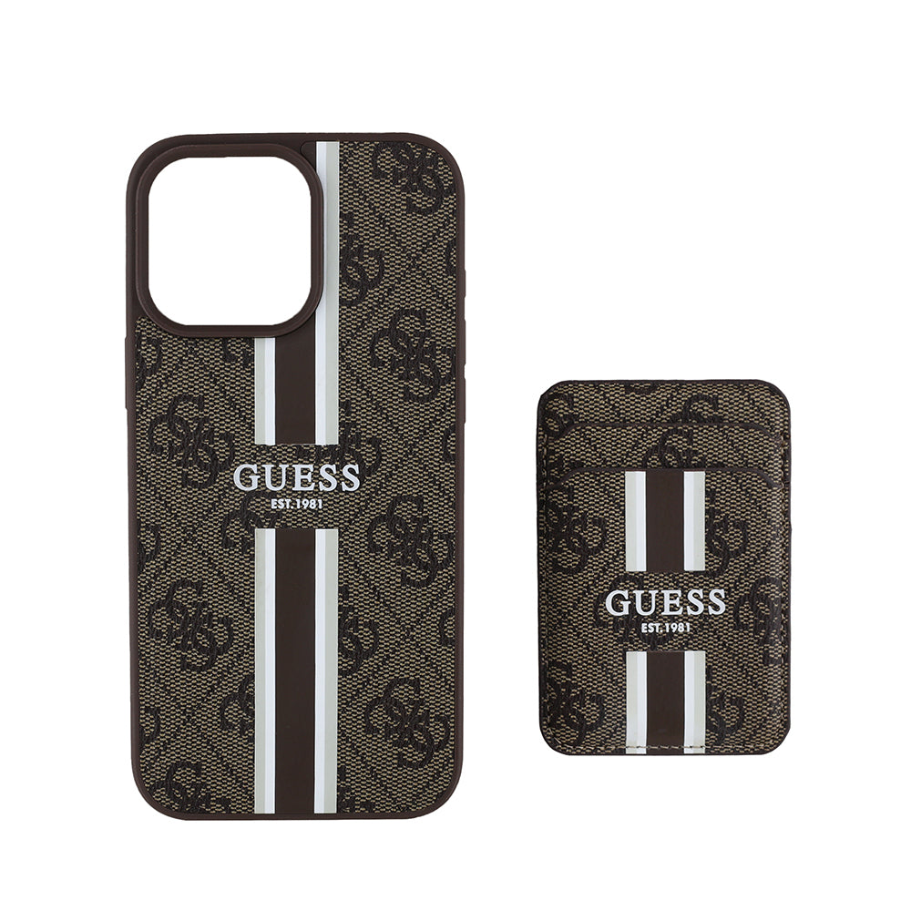 GUESS iPhone 16 Pro Max Orjinal Lisanslı Magsafe Şarj Özellikli 4G Desenli Çizgili Kartlıklı Kahverengi Kılıf