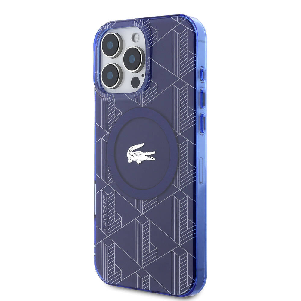 LACOSTE iPhone 16 Pro Orjinal Lisanslı Magsafe Şarj Özellikli IML Baskılı Gümüş Timsah Logolu Monogram Lacivert Kılıf
