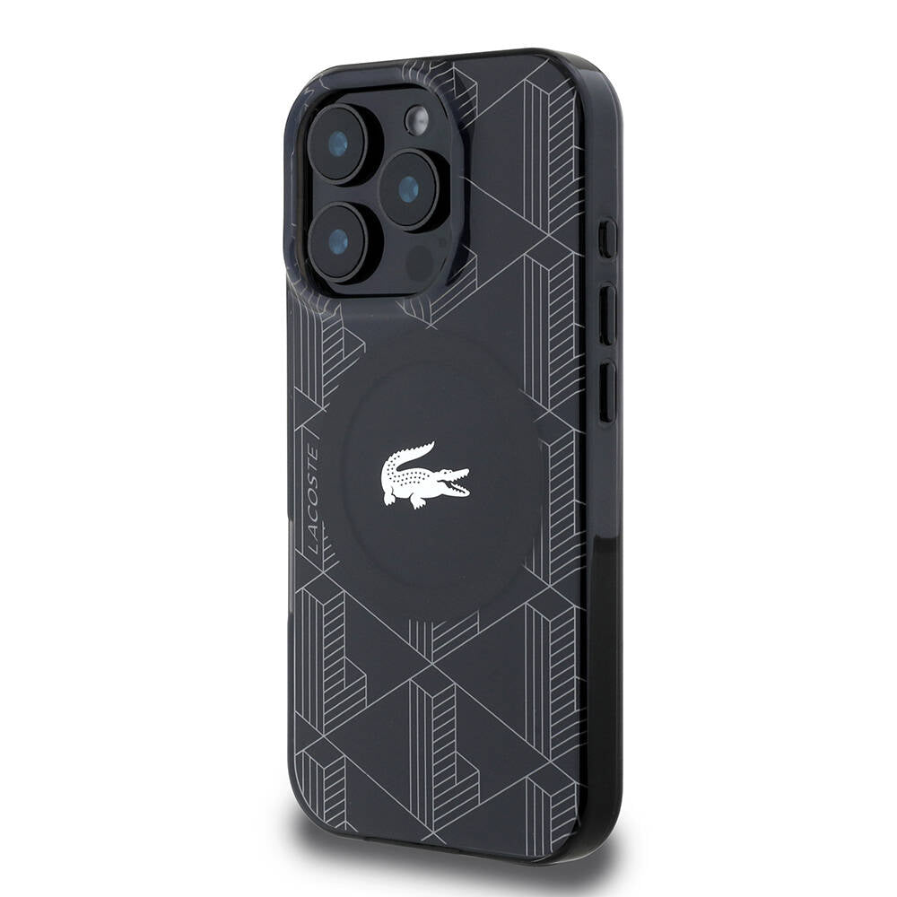 LACOSTE iPhone 16 Pro Orjinal Lisanslı Magsafe Şarj Özellikli IML Baskılı Gümüş Timsah Logolu Monogram Siyah Kılıf