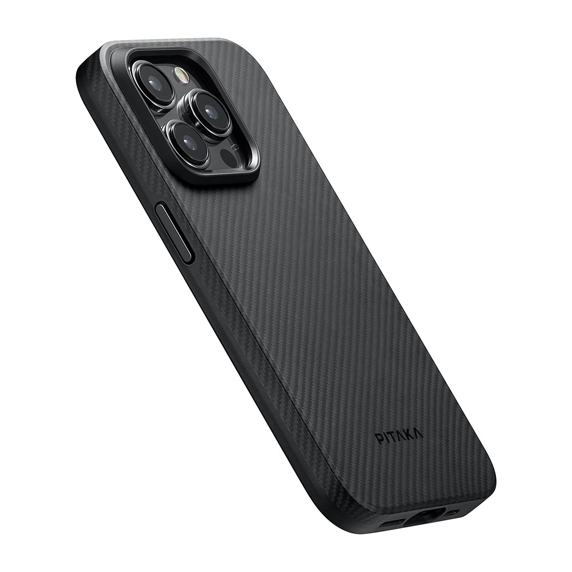 PİTAKA Magsafe Şarj Özellikli İPhone 15 Pro Max 600D Aramid Fiber Military-Grade Classic Serisi Black-Grey Twill Kapak