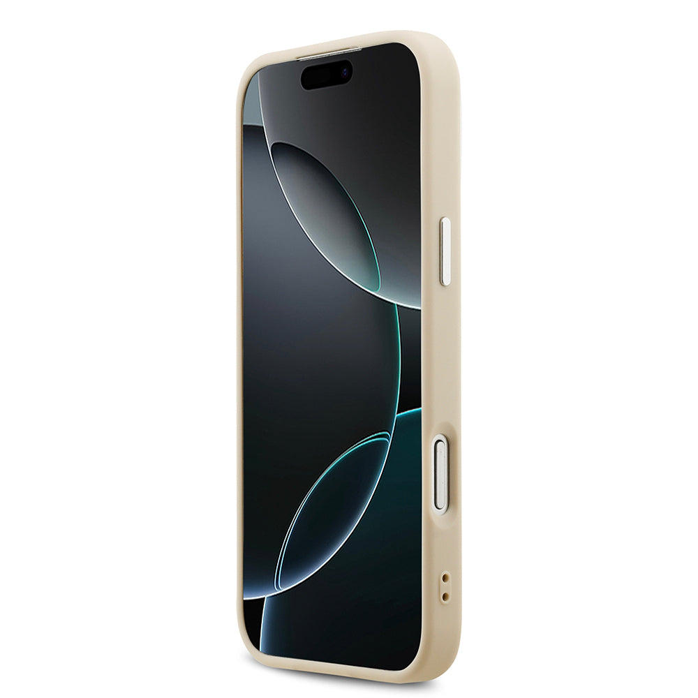 Apple iPhone 17 Pro Max Kılıf Guess Orjinal Lisanslı M-safe Şarj Özellikli Sıcak Baskılı Klasik Yazı Logolu PU Deri Peony Kapak Bej