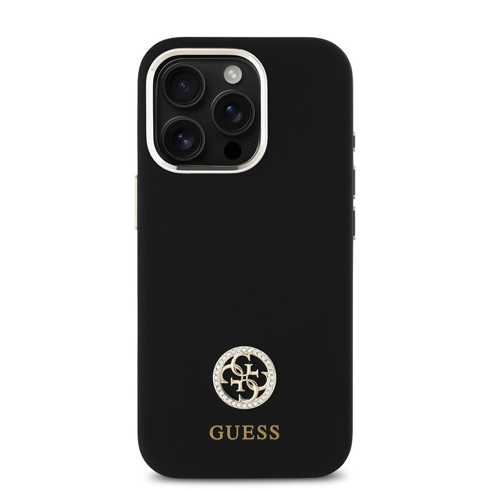 GUESS Orjinal Lisanslı iPhone 16 Pro Max Yazı ve Taşlı 4G Logolu Metal Kamera Çerçeveli Silikon Kılıf