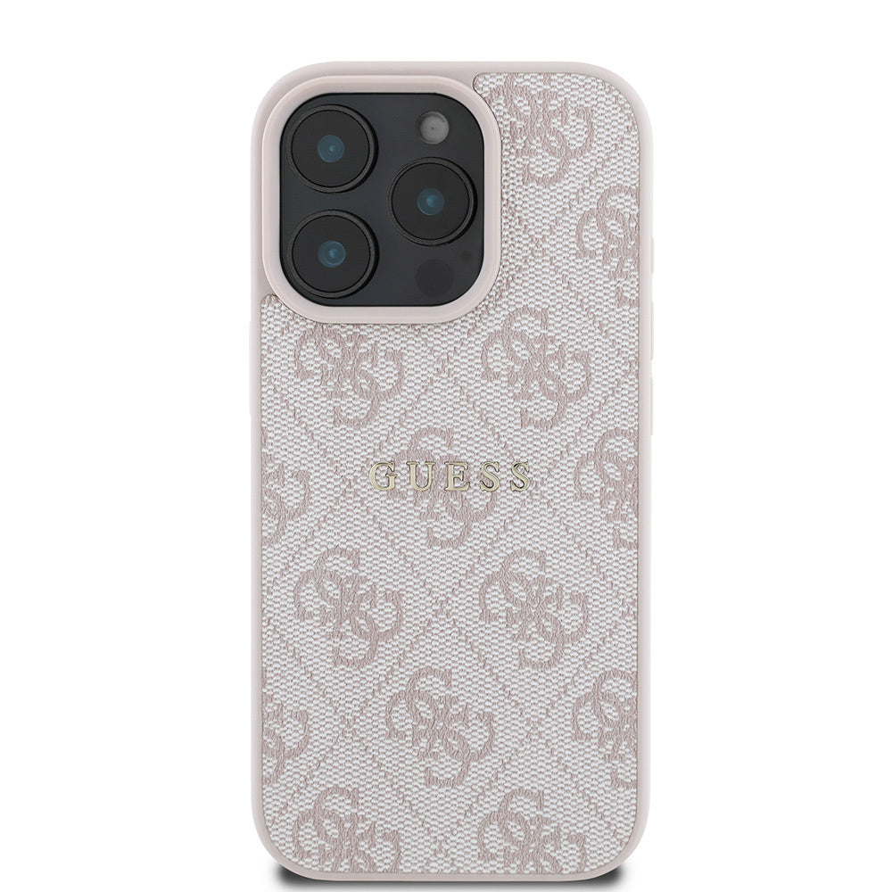 GUESS iPhone 16 Pro Orjinal Lisanslı Magsafe Şarj Özellikli 4G Desenli Yazı Logolu Pembe Kılıf