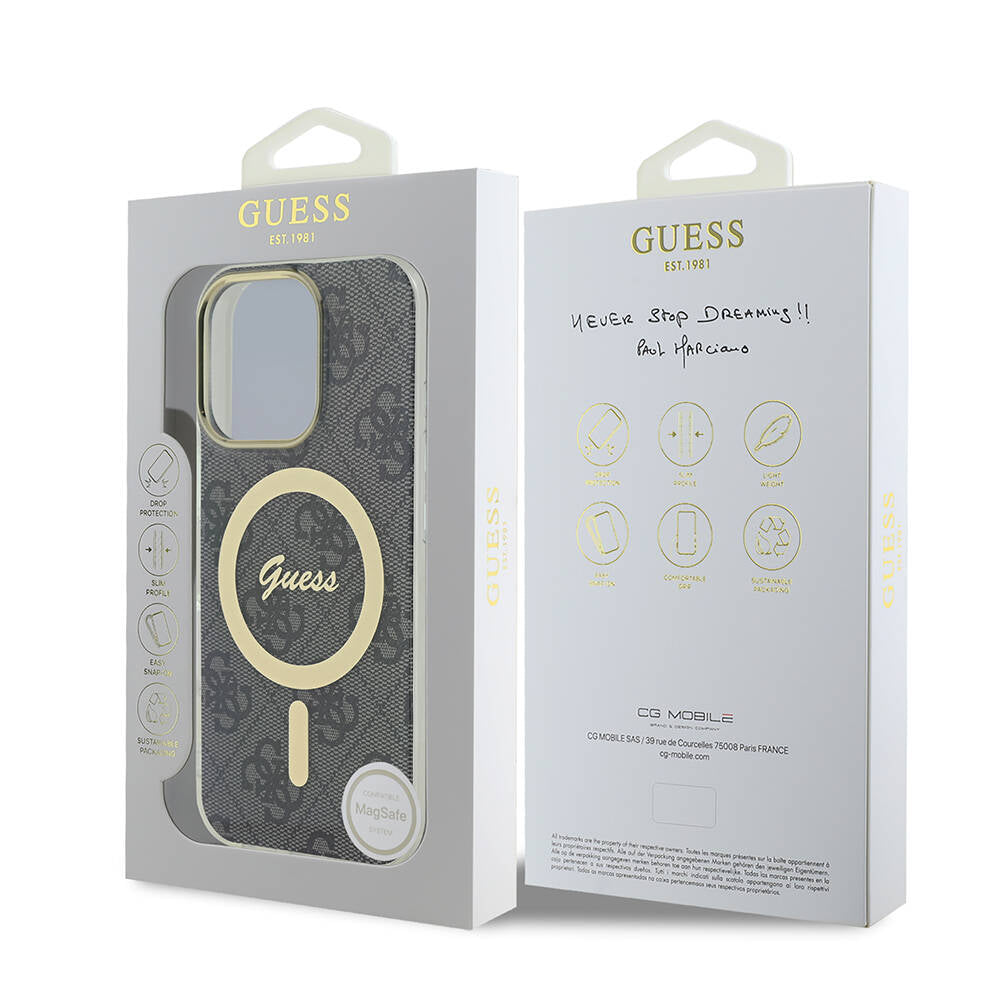 GUESS Orjinal Lisanslı iPhone 16 Pro Orjinal Lisanslı Magsafe Şarj Özellikli Yazı Logolu 4G Desenli Siyah Kılıf