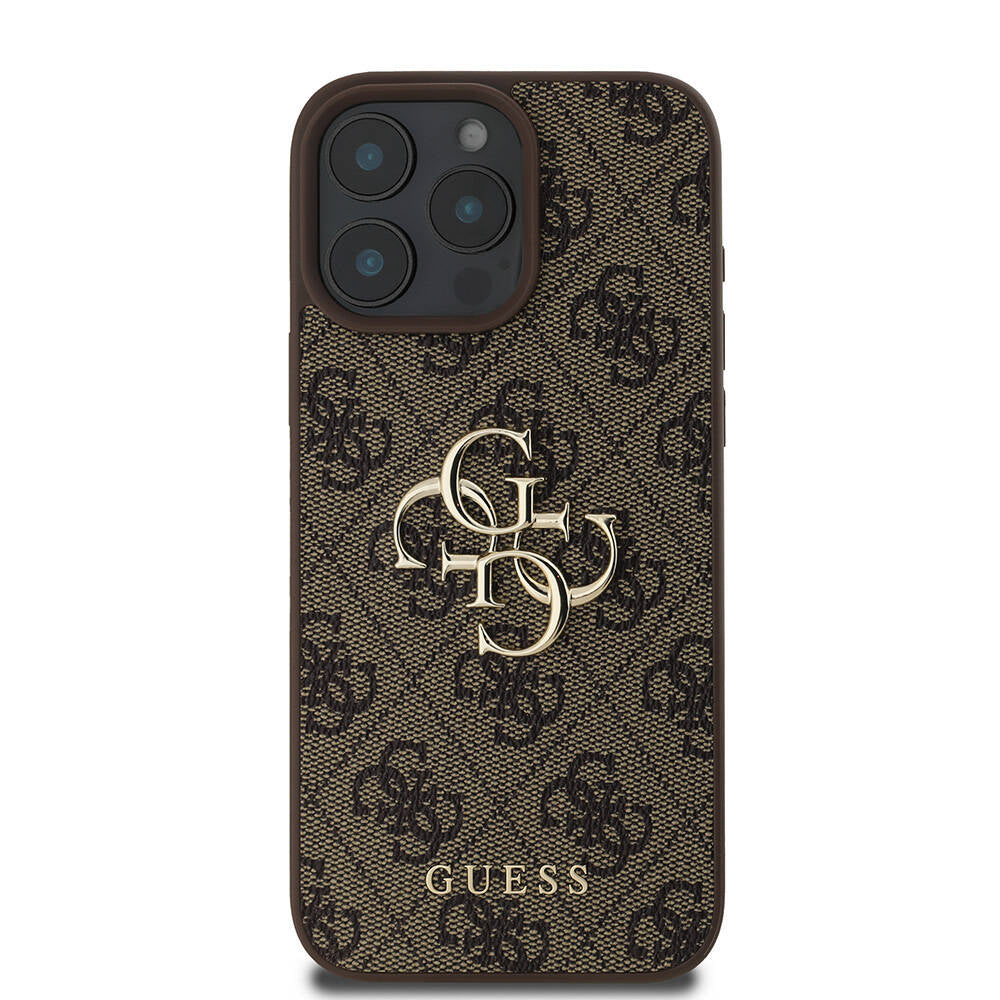 GUESS Orjinal Lisanslı iPhone 16 Pro Max PU Deri 4G Desenli Metal Büyük 4G ve Yazı Logolu Kahverengi Kılıf