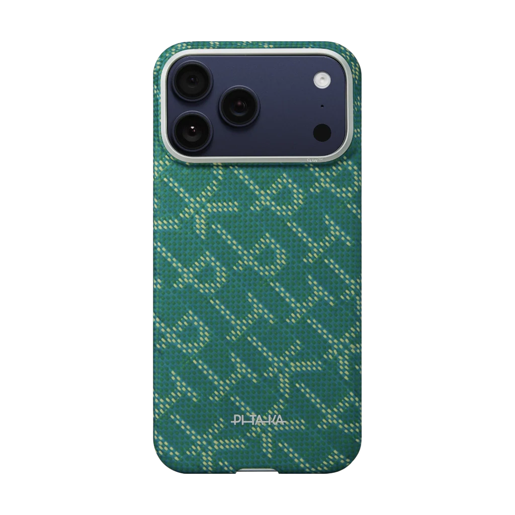 Apple iPhone 17 Pro Kılıf M-safe Şarj Özellikli Aramid Fiber Pitaka Tactile Woven Monogram Serisi Kapak Yeşil