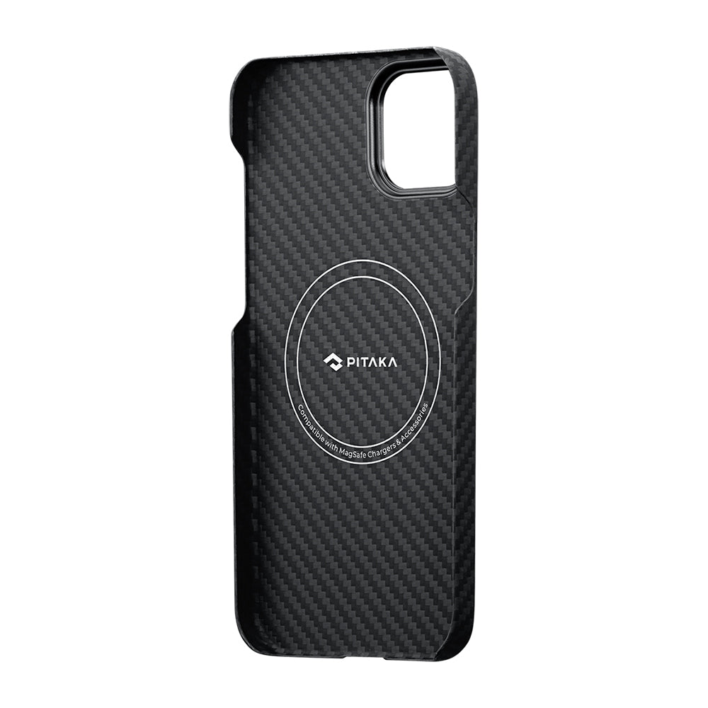 PİTAKA iPhone 15 Plus Magsafe Şarj Özellikli 1500D Aramid Fiber Ultra-Slim Classic Serisi Black-Grey Twill Kılıf