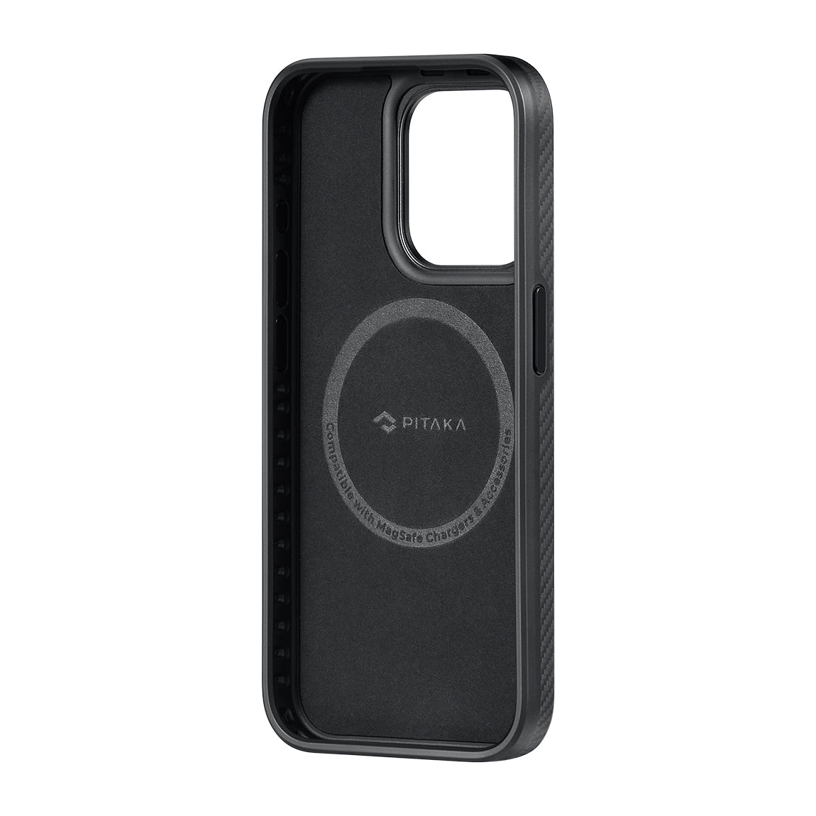 PİTAKA Magsafe Şarj Özellikli İPhone 15 Pro Max 600D Aramid Fiber Military-Grade Classic Serisi Black-Grey Twill Kapak