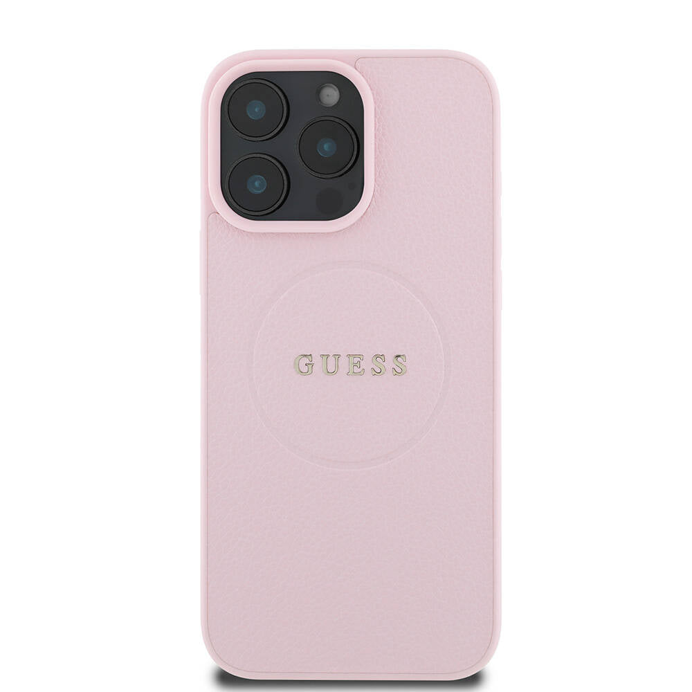 GUESS Orjinal Lisanslı iPhone 16 Pro Max Orjinal Lisanslı Magsafe Şarj Özellikli Yazı Logolu Grained Pembe Kılıf