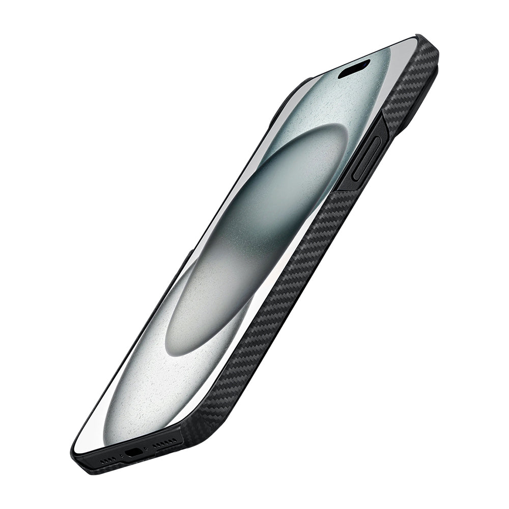 PİTAKA iPhone 15 Plus Magsafe Şarj Özellikli 600D Aramid Fiber Ultra-Slim Classic Serisi Black-Grey Twill Kılıf