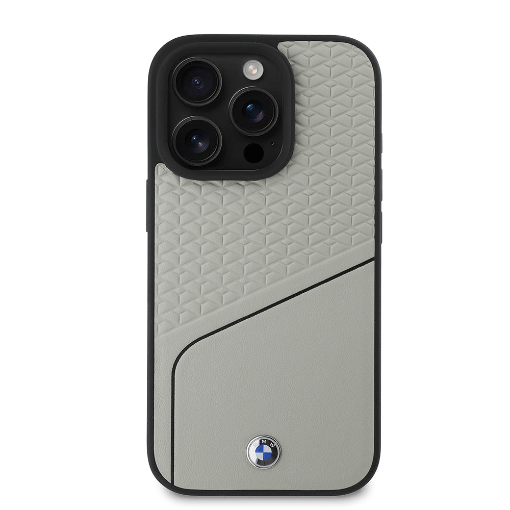 BMW İPhone 16 Pro Orjinal Lisanslı Magsafe Şarj Özellikli Metal Logolu Dokulu ve Çizgili Deri Gri Kılıf