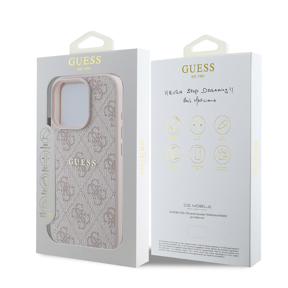 GUESS iPhone 16 Pro Orjinal Lisanslı Magsafe Şarj Özellikli 4G Desenli Yazı Logolu Pembe Kılıf