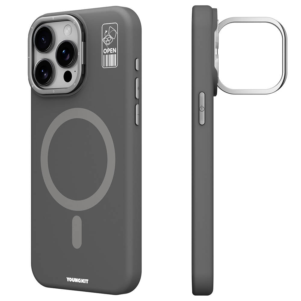 Magsafe Şarj Özellikli Kamera Standlı Silikon Youngkit Bitty Cream Gri Kapak - enzaksesuar