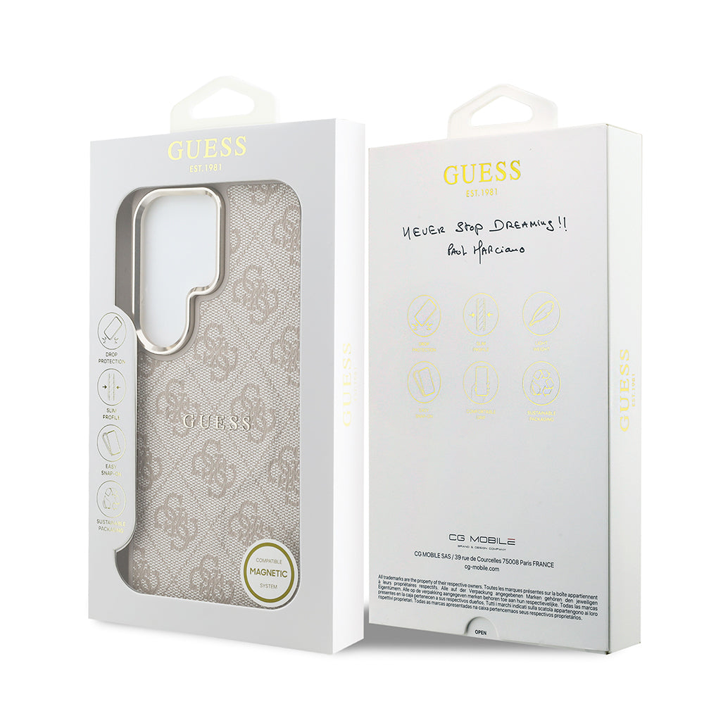Galaxy S26 Ultra Kılıf Guess Orjinal Lisanslı M-safe Şarj Özellikli Metal Kamera Çerçeveli PU Deri 4G Desenli Yazı Logolu Kapak Pembe