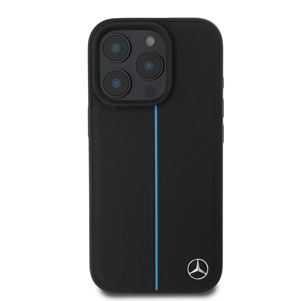 MERCEDES BENZ iPhone 16 Pro Orjinal Lisanslı Magsafe Şarj Özellikli Metal Yıldız Logolu Mavi Çizgili Deri Kılıf