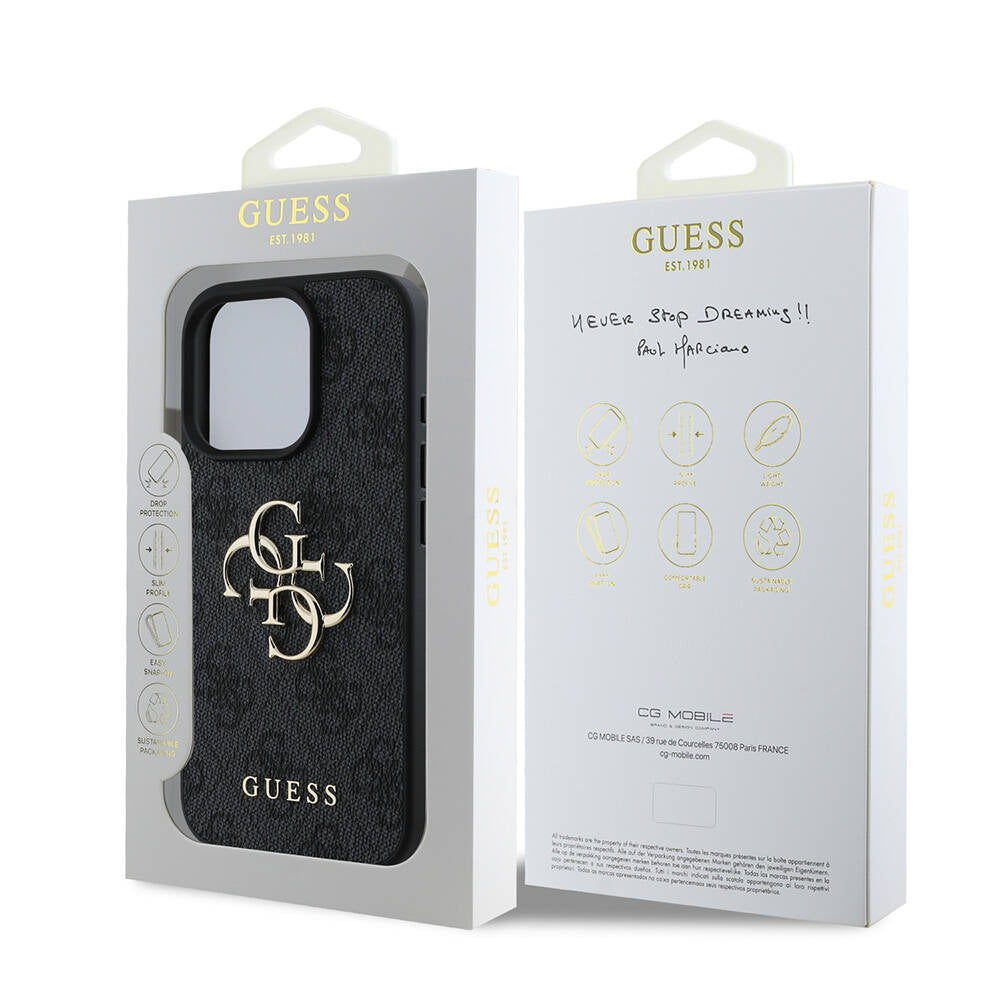 GUESS Orjinal Lisanslı iPhone 16 Pro PU Deri 4G Desenli Metal Büyük 4G ve Yazı Logolu Siyah Kılıf