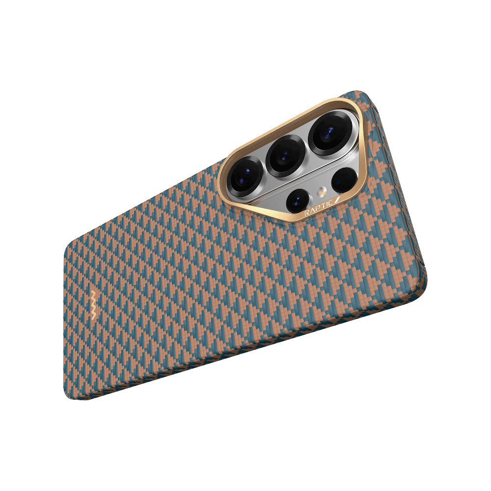 Galaxy S26 Ultra Kılıf M-safe Şarj Özellikli Raptic Aramid Skin Origin Serisi Kapak Gold-Mavi