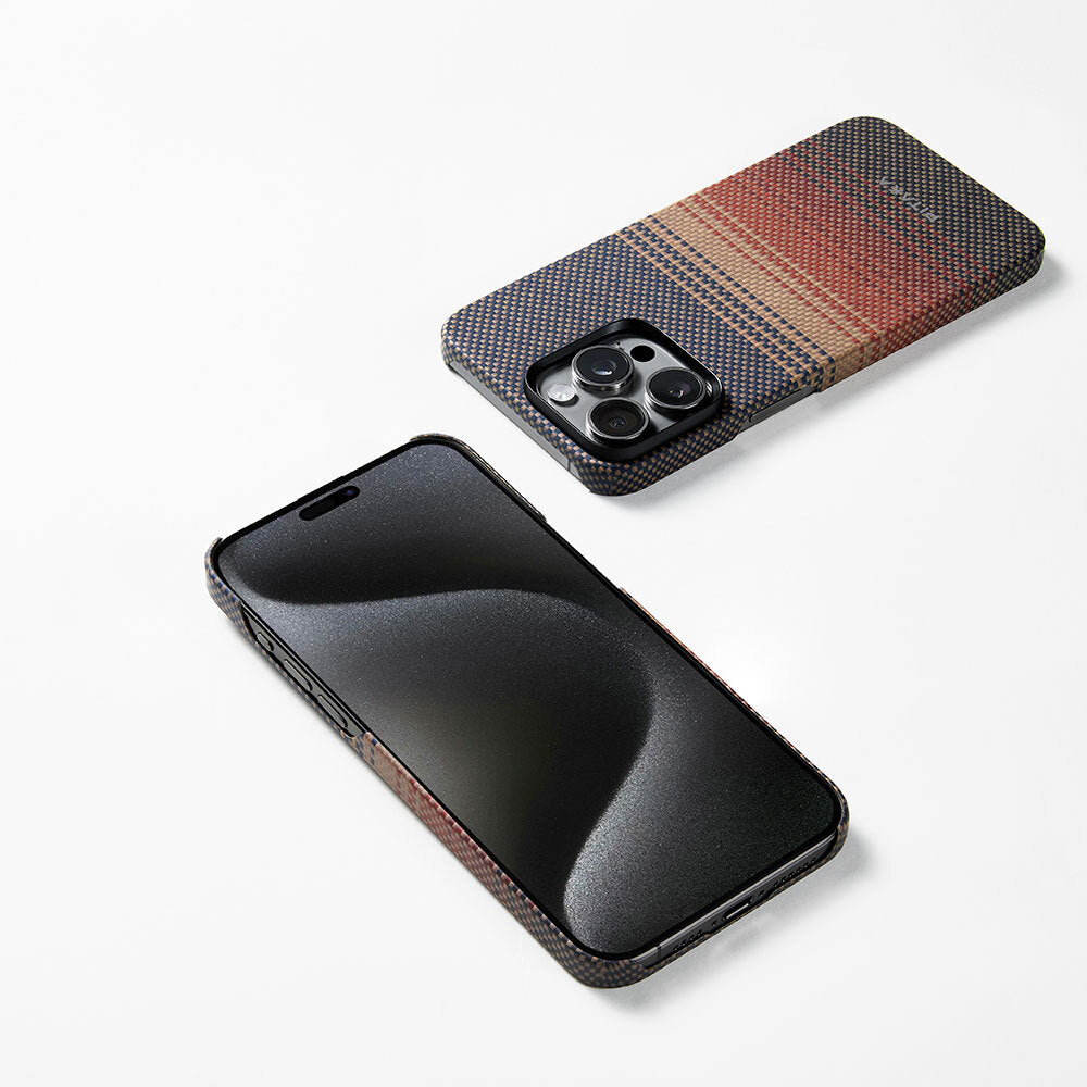 PİTAKA Magsafe Şarj Özellikli İPhone 15 Pro Max Aramid Fiber Tactile Woven Sunset-Moonrise Serisi Sunset Kılıf