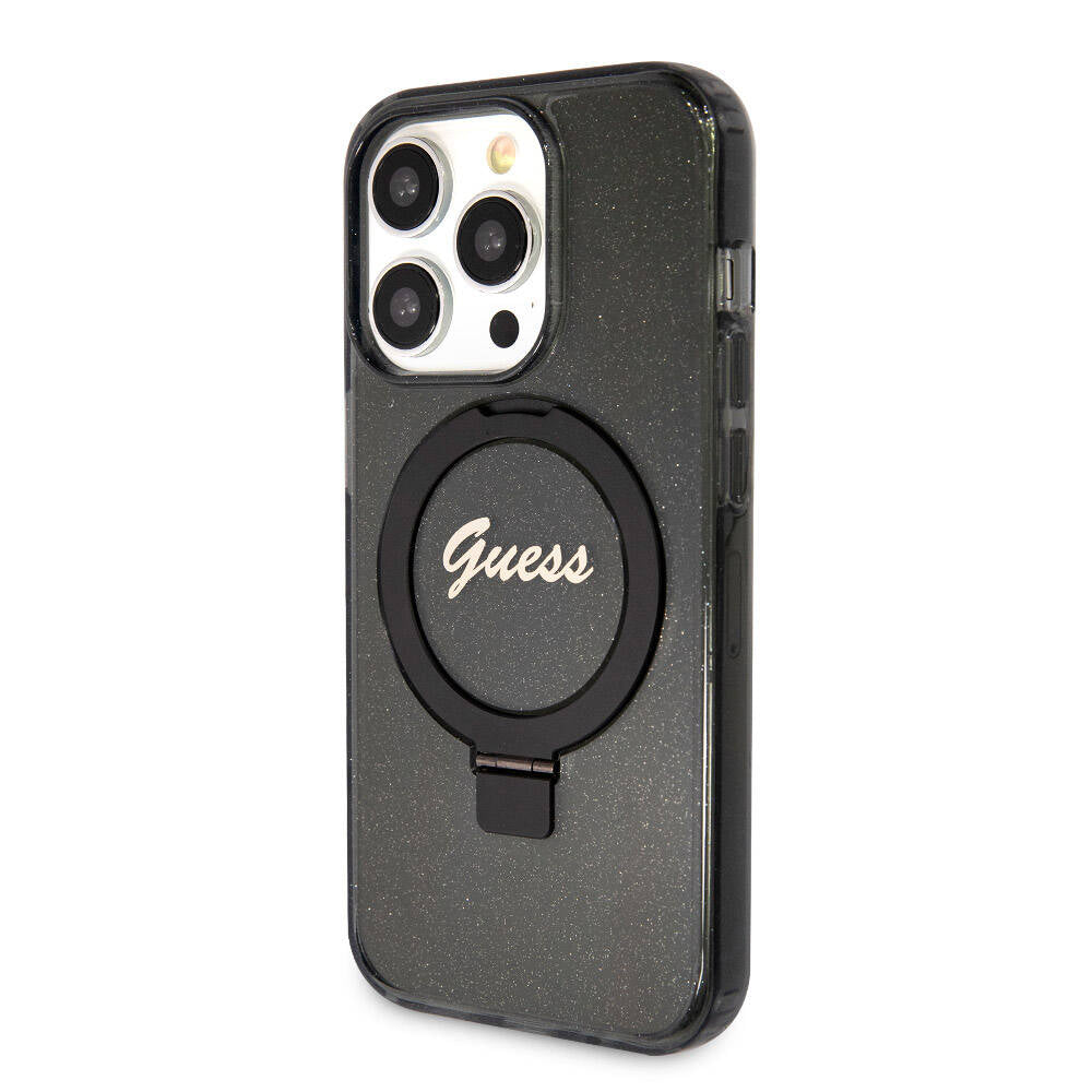 Guess Orjinal Lisanslı Magsafe Şarj Özellikli Simli Arka Yüzey Ring Standlı Siyah Kapak - enzaksesuar