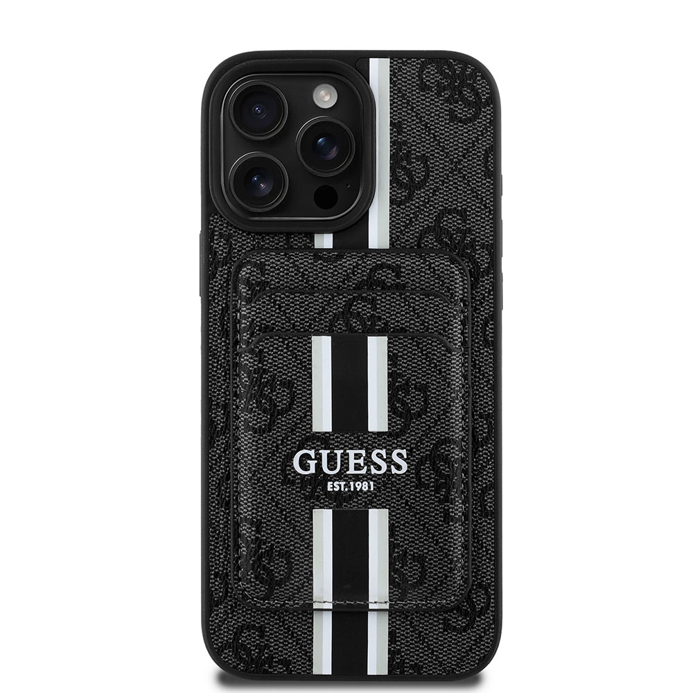 GUESS iPhone 16 Pro Orjinal Lisanslı Magsafe Şarj Özellikli 4G Desenli Çizgili Kartlıklı Siyah Kılıf