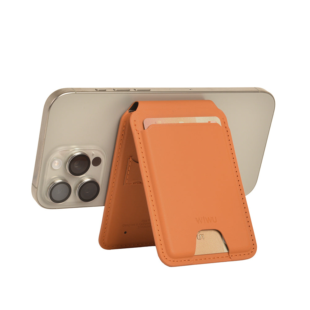 WİWU MW-005 Magnetik Standlı Kartlık Qi Kablosuz Şarj Uyumlu FindMy Özellikli Mag Wallet Kahverengi