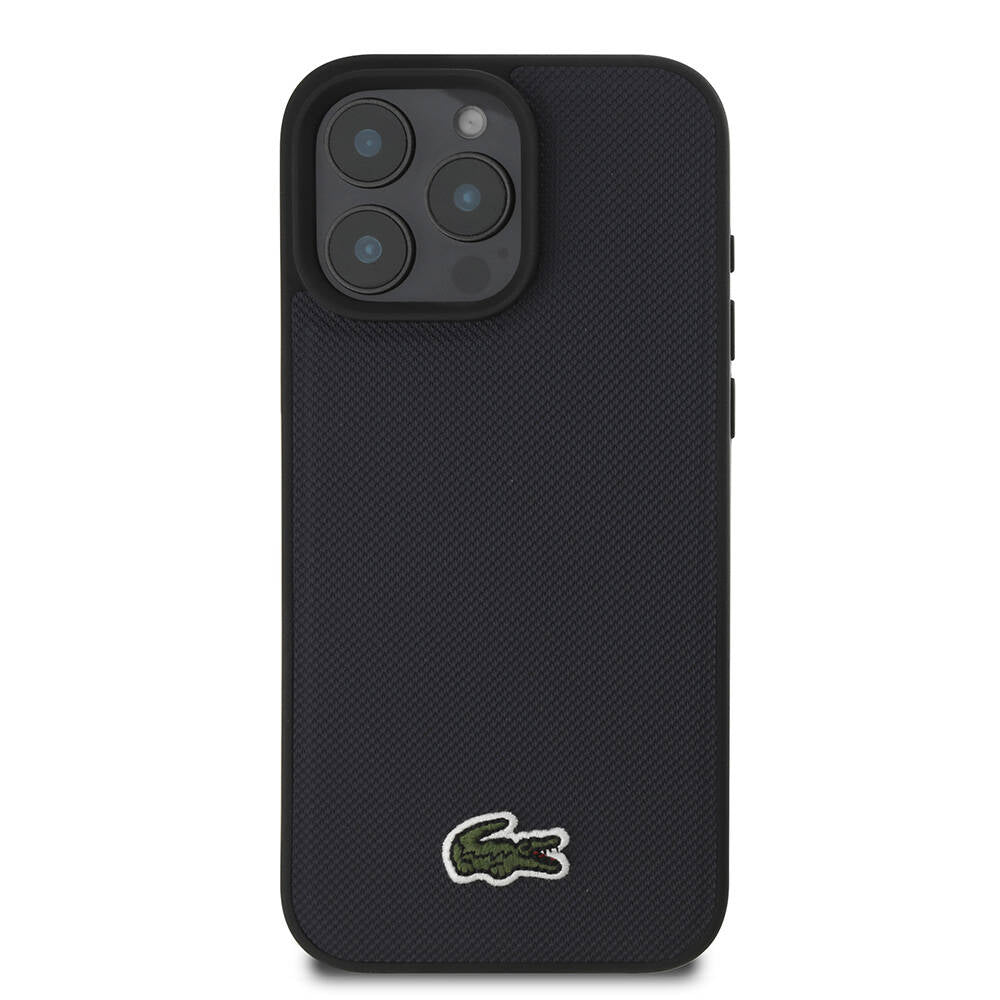 LACOSTE iPhone 16 Pro Max Orjinal Lisanslı PU Pike Desenli Arka Yüzey İkonik Timsah Dokuma Logolu Lacivert Kılıf