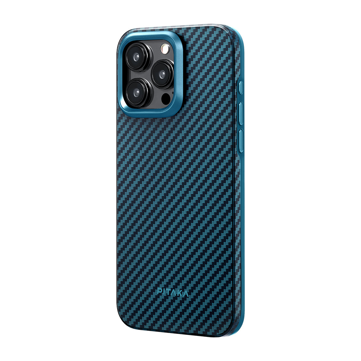 PİTAKA Magsafe Şarj Özellikli İPhone 15 Pro Max 1500D Aramid Fiber Military-Grade Classic Serisi Black-Grey Twill Mavi Kılıf