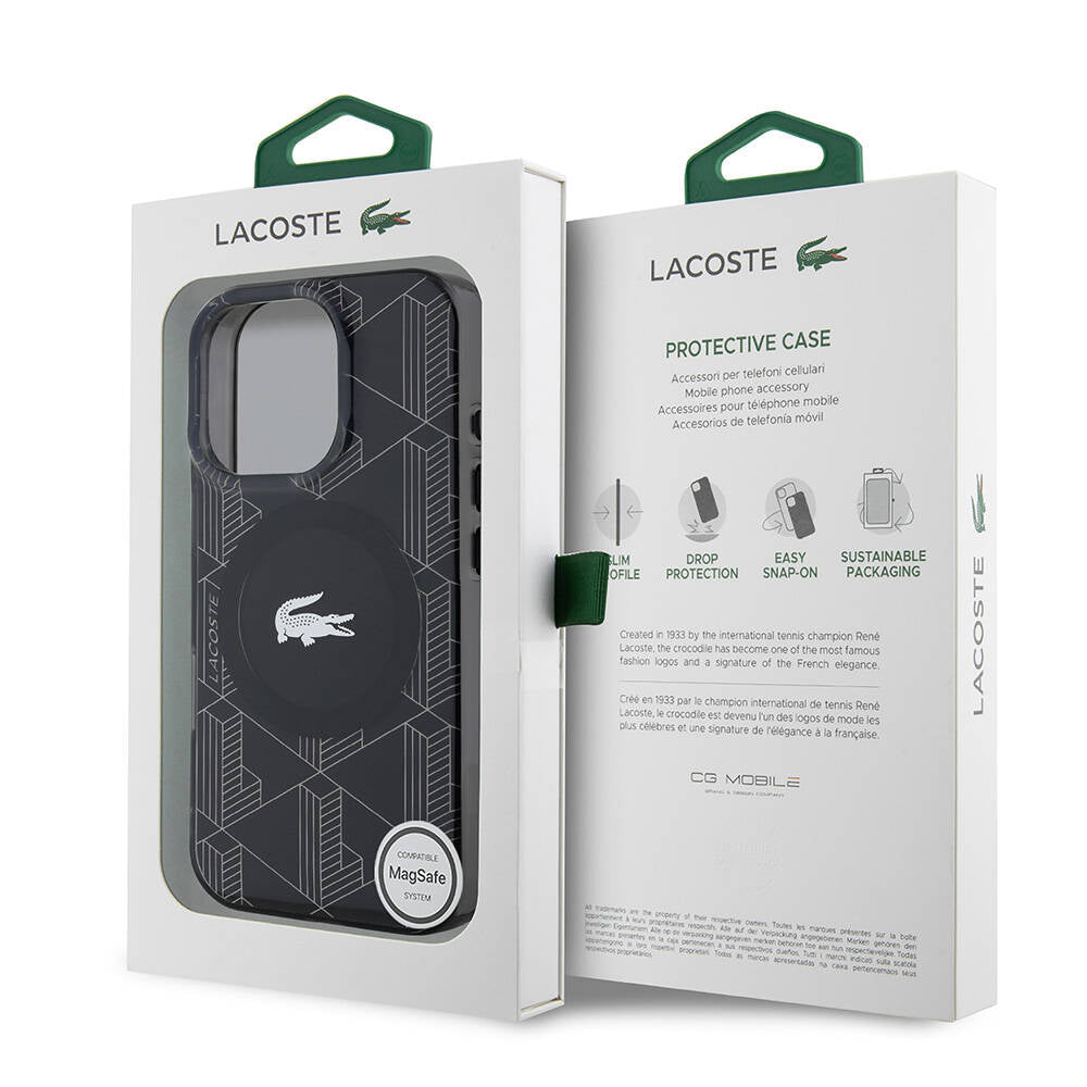LACOSTE iPhone 16 Pro Orjinal Lisanslı Magsafe Şarj Özellikli IML Baskılı Gümüş Timsah Logolu Monogram Siyah Kılıf