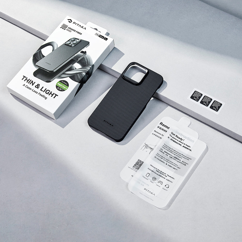 PİTAKA Magsafe Şarj Özellikli iPhone 15 Pro Max 600D Aramid Fiber Pitaka Ultra-Slim Classic Serisi Black-Grey Twill Kılıf