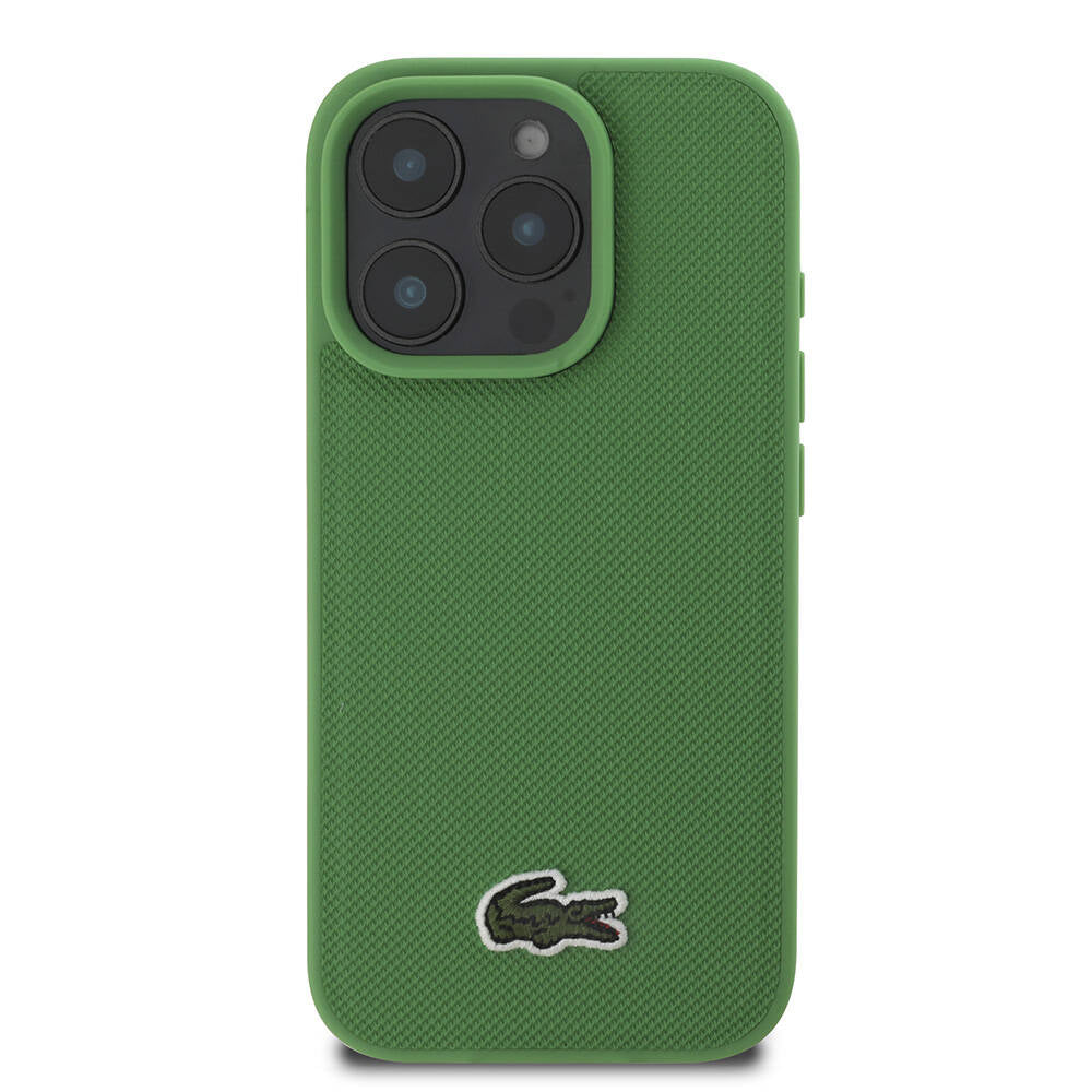 LACOSTE iPhone 16 Pro Orjinal Lisanslı PU Pike Desenli Arka Yüzey İkonik Timsah Dokuma Logolu Yeşil Kılıf