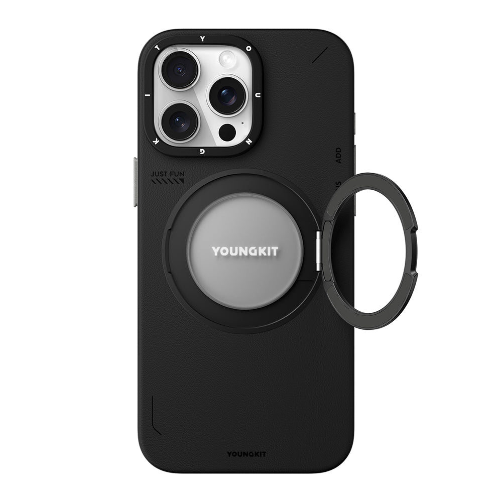 YOUNGKİT iPhone 15 Pro Magsafe Uyumlu 360° Standlı Tech Leather Siyah Kılıf
