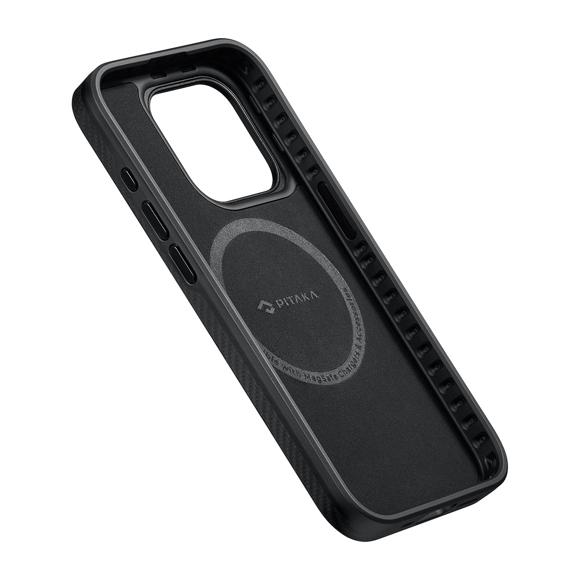 PİTAKA Magsafe Şarj Özellikli İPhone 15 Pro Max 600D Aramid Fiber Military-Grade Classic Serisi Black-Grey Twill Kapak