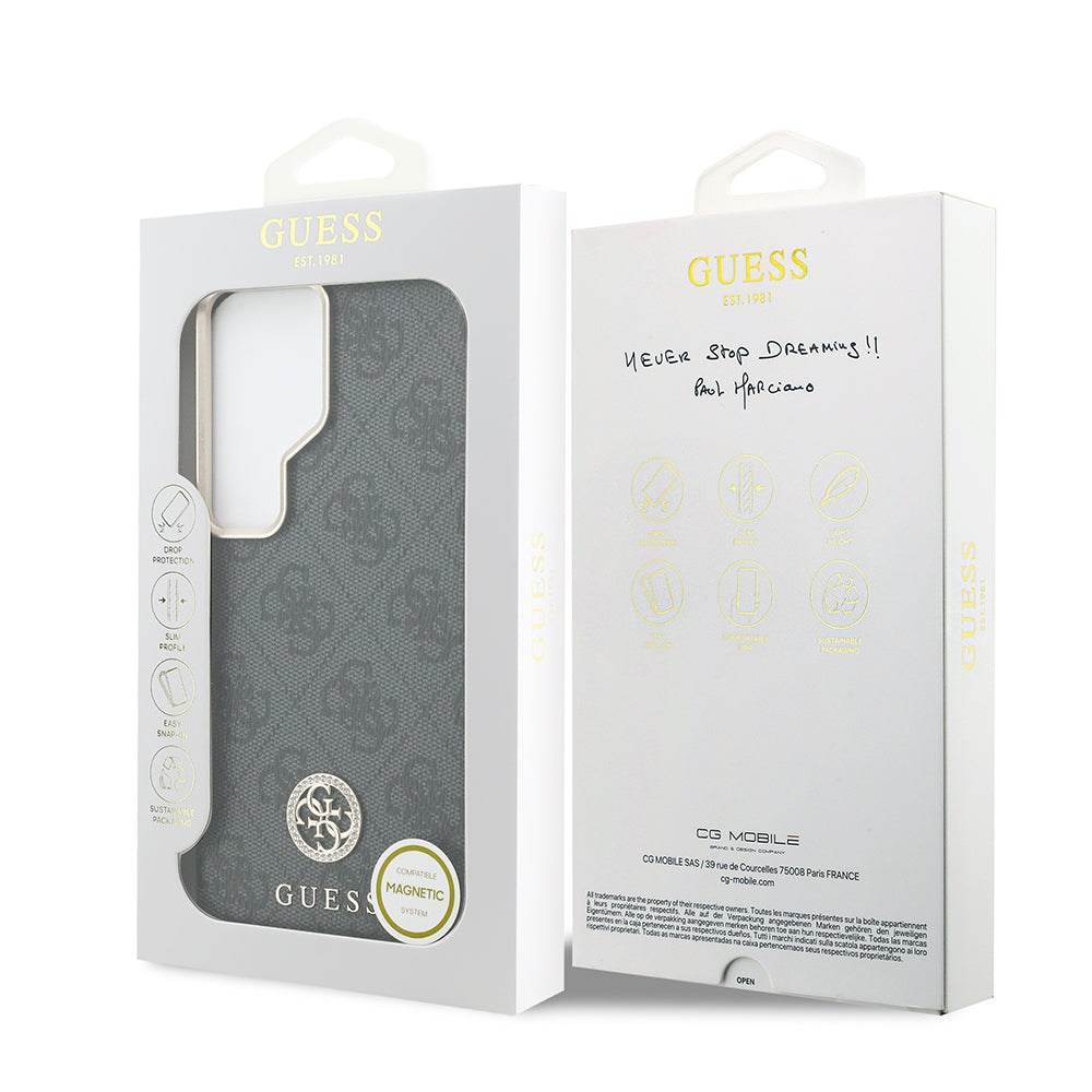Galaxy S26 Ultra Kılıf Guess Orjinal Lisanslı M-safe Şarj Özellikli Gold Metal Kamera Çerçeveli Taşlı 4G Logolu Kapak Siyah