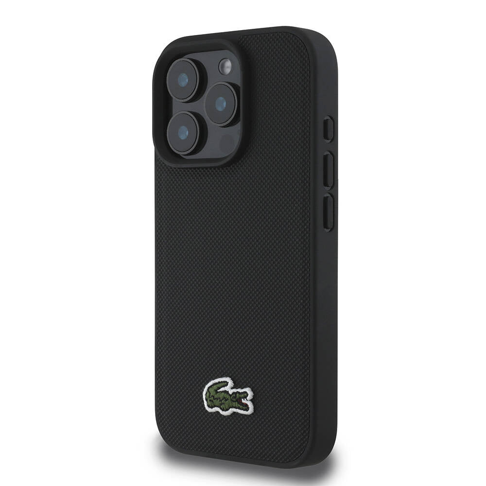 LACOSTE iPhone 16 Pro Orjinal Lisanslı PU Pike Desenli Arka Yüzey İkonik Timsah Dokuma Logolu Siyah Kılıf