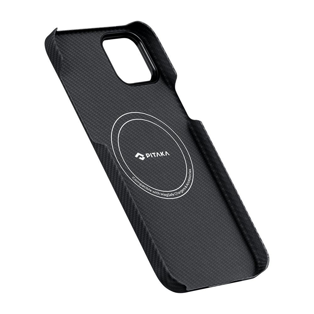 PİTAKA iPhone 15 Plus Magsafe Şarj Özellikli 600D Aramid Fiber Ultra-Slim Classic Serisi Black-Grey Twill Kılıf