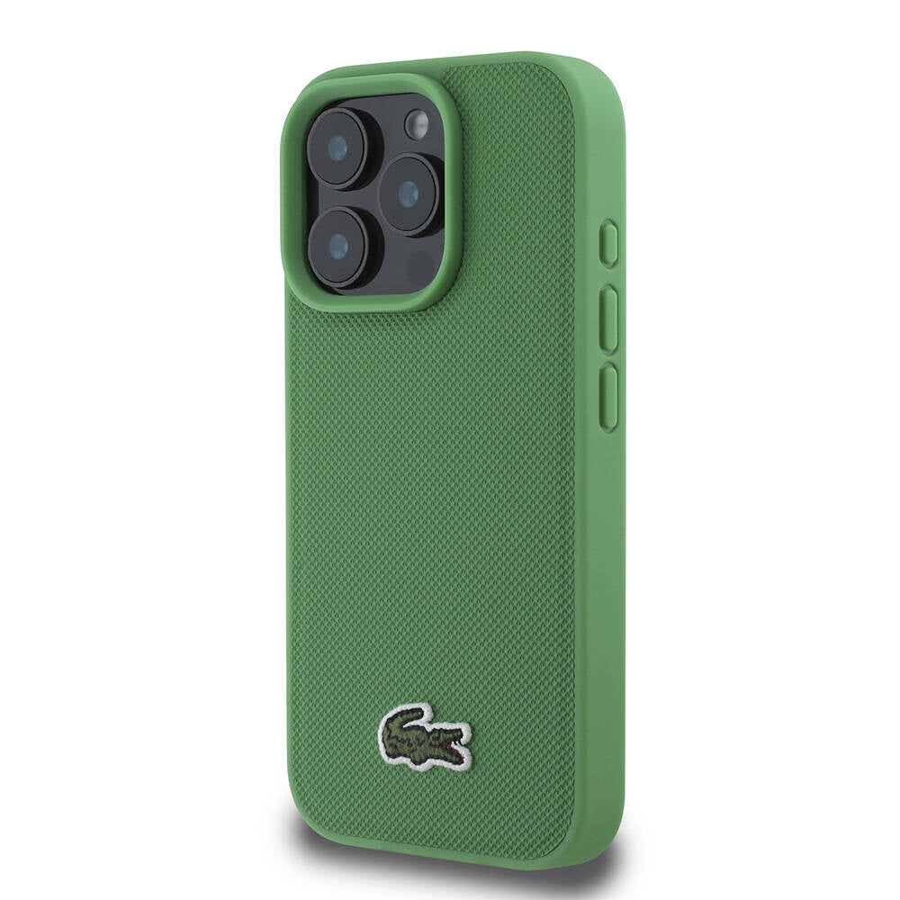 LACOSTE iPhone 16 Pro Max Orjinal Lisanslı PU Pike Desenli Arka Yüzey İkonik Timsah Dokuma Logolu Yeşil Kılıf