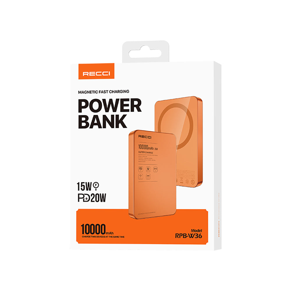 Recci RPB-W36 Ultra İnce PD 20W Hızlı Şarj Özellikli Wireless Powerbank 15W 10000mAh Turuncu