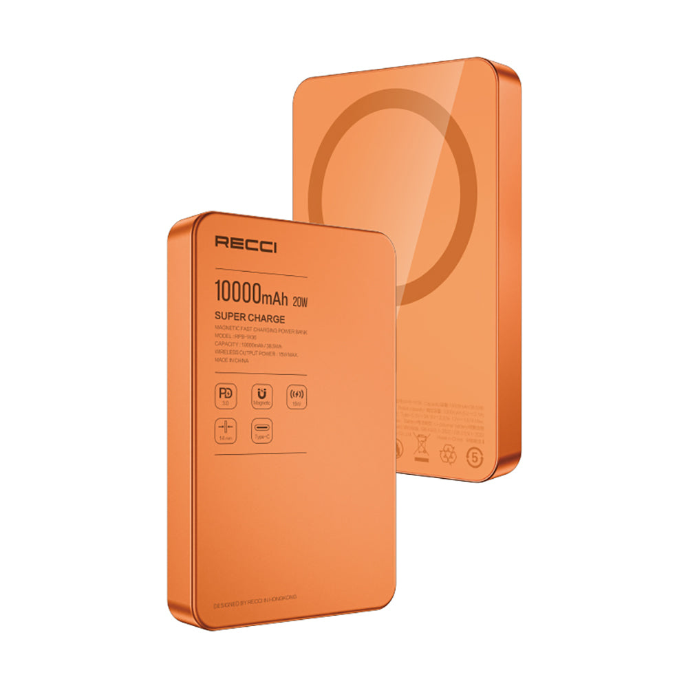Recci RPB-W36 Ultra İnce PD 20W Hızlı Şarj Özellikli Wireless Powerbank 15W 10000mAh Turuncu