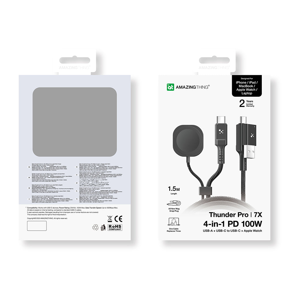 Amazingthing Thunder Pro 7X 100W Apple Watch Serisi Akıllı Saat Wireless 4in1 Type-C PD - Usb Hızlı Şarj Kablosu 1.5M Siyah