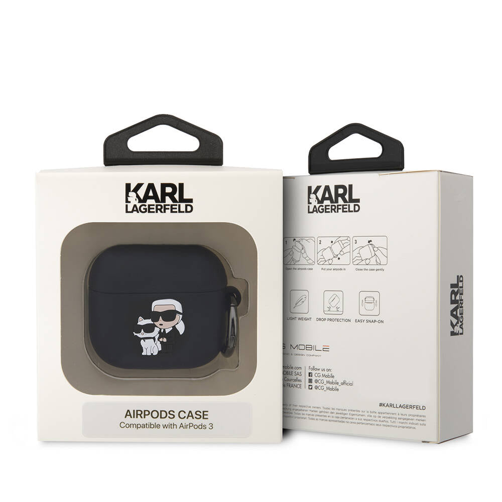 Airpods 3. Nesil Kılıf Karl Lagerfeld Orjinal Lisanslı Karl & Choupette 3D Silikon Kılıf Siyah