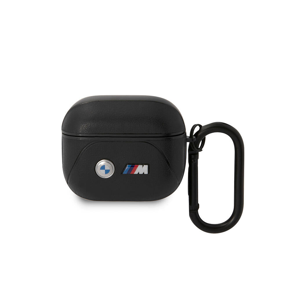 Airpods 3.Nesil Kılıf BMW Orjinal Lisanslı PU Deri Tasarımlı 3 Renk Çizgili Çift Metal Logolu Kılıf Siyah