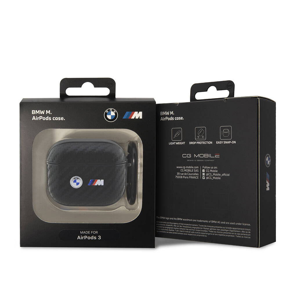Airpods 3.Nesil Kılıf BMW Orjinal Lisanslı PU Karbon Fiber Tasarımlı Çift Metal Logolu Kılıf Siyah
