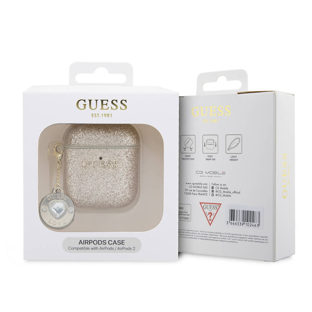 Apple Airpods Kılıf Guess Orjinal Lisanslı Glitter Elmas Kalp Süs Zincirli Kapak Gold
