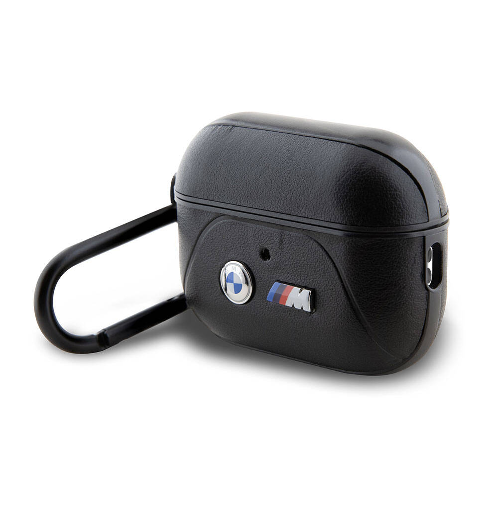 Airpods Pro 2 Kılıf BMW Orjinal Lisanslı PU Deri Tasarımlı 3 Renk Çizgili Çift Metal Logolu Kılıf Siyah