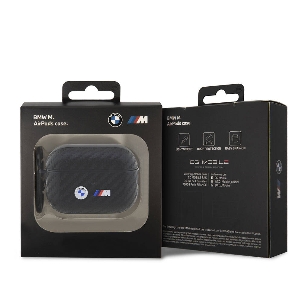 Airpods Pro 2 Kılıf BMW Orjinal Lisanslı PU Karbon Fiber Tasarımlı Çift Metal Logolu Kılıf Siyah