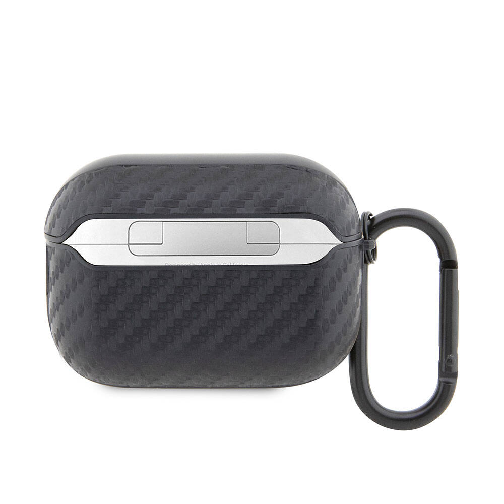 Airpods Pro 2 Kılıf BMW Orjinal Lisanslı PU Karbon Fiber Tasarımlı Çift Metal Logolu Kılıf Siyah