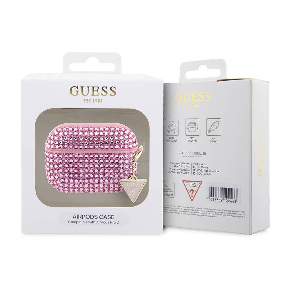 Apple Airpods Pro 2 Kılıf Guess Orjinal Lisanslı Parıltılı Taş Kaplamalı Üçgen Logo Süs Zincirli Kapak Pembe